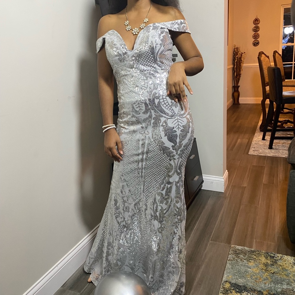 Windsor Maxi Prom/formal Silver Sequin off-shoulder dress